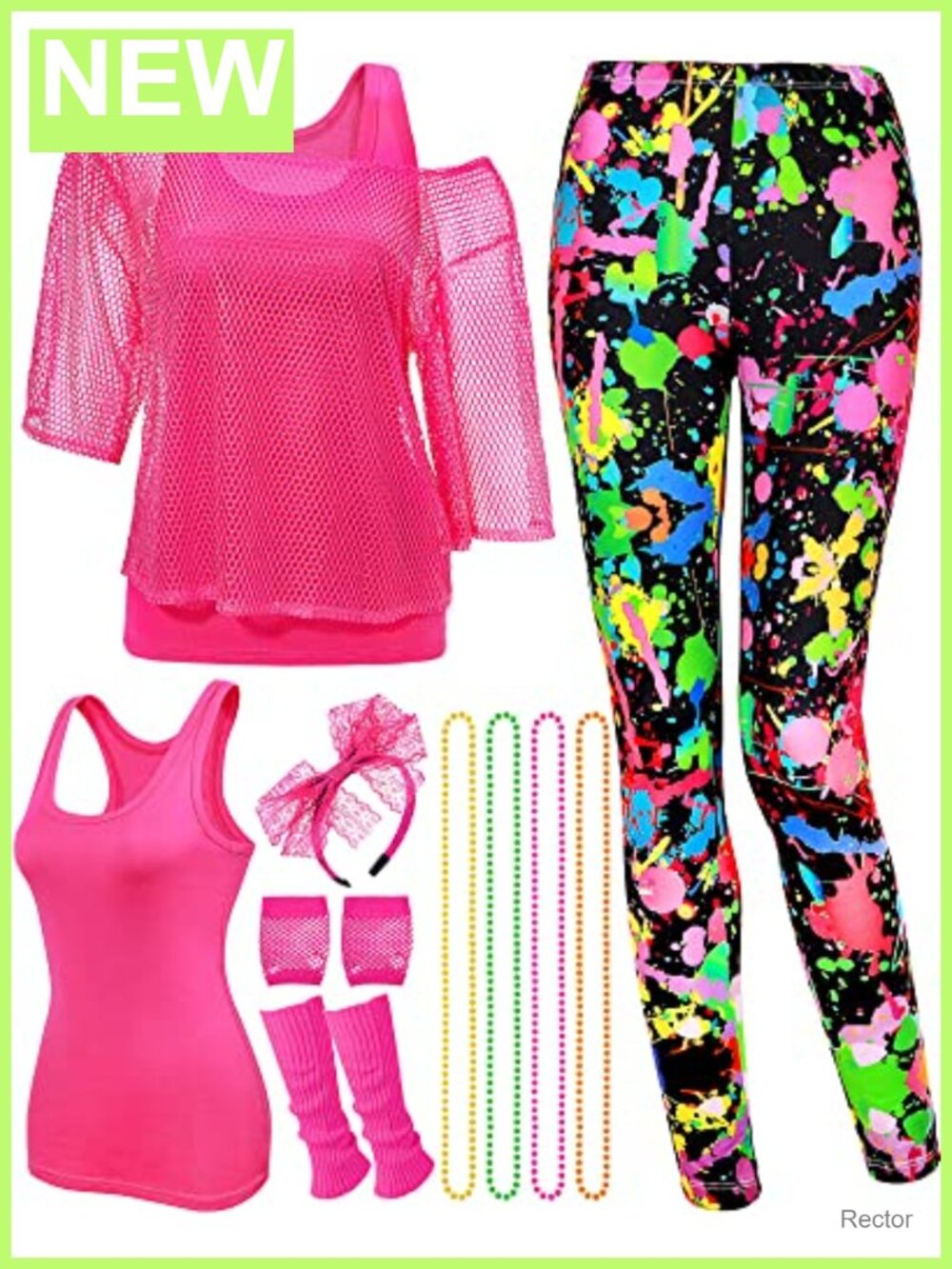 80s Outfits Costume Women Set Fishnet Top Vest Leggings Neon Party